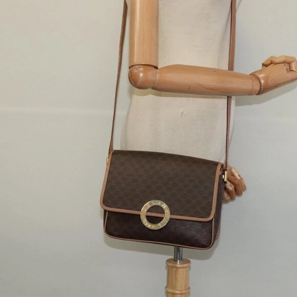 CELINE Macadam Canvas Circle Shoulder Bag PVC Leather Brown Gold - Picture 15 of 16